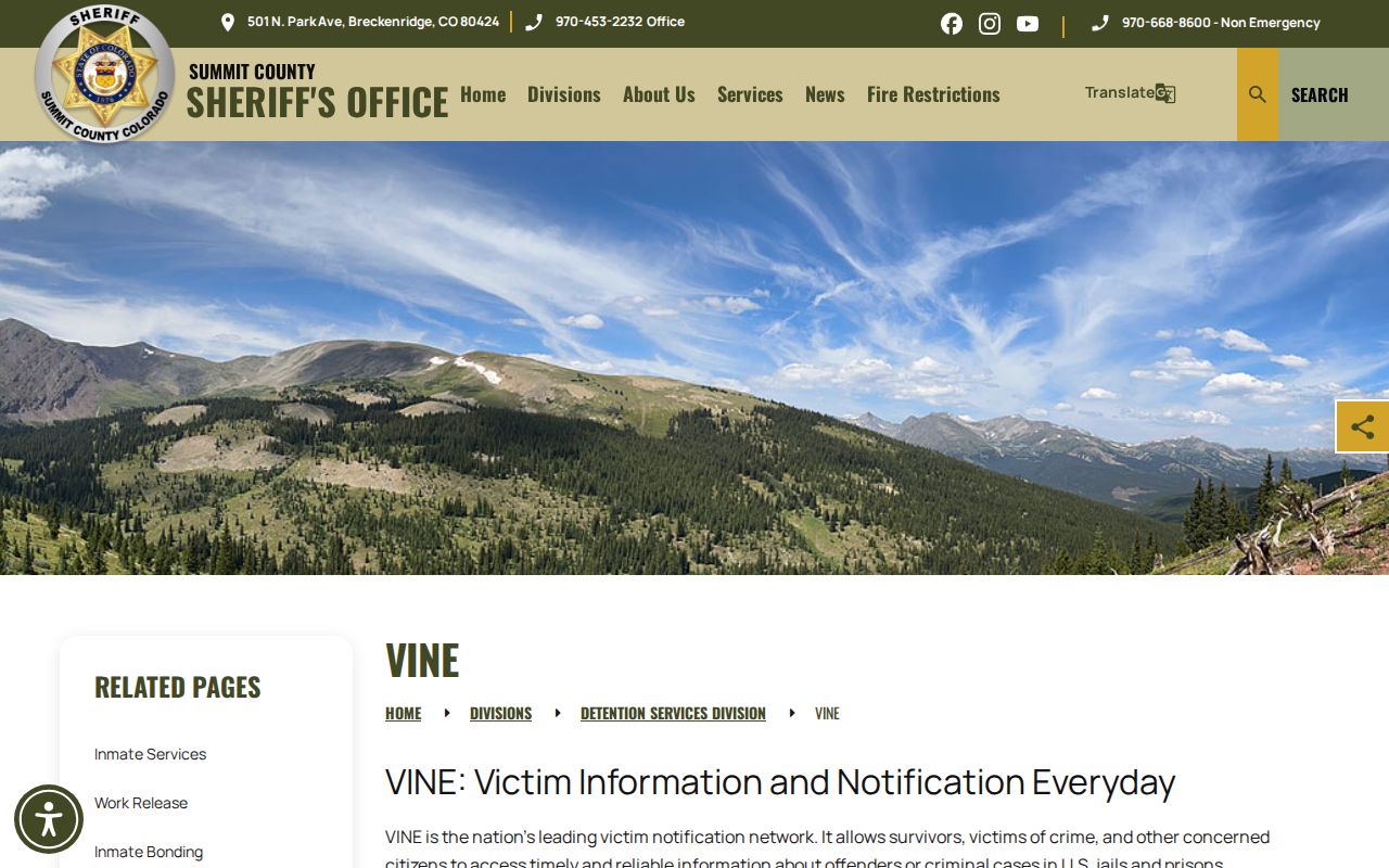 Summit County VINE inmate check sheriff notification page