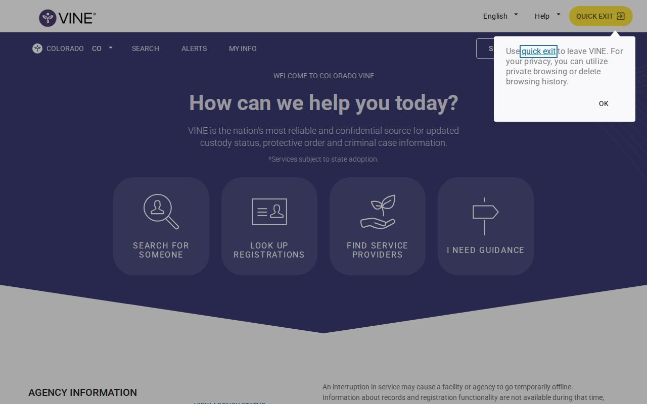 Colorado VINELink Summit County release status search page