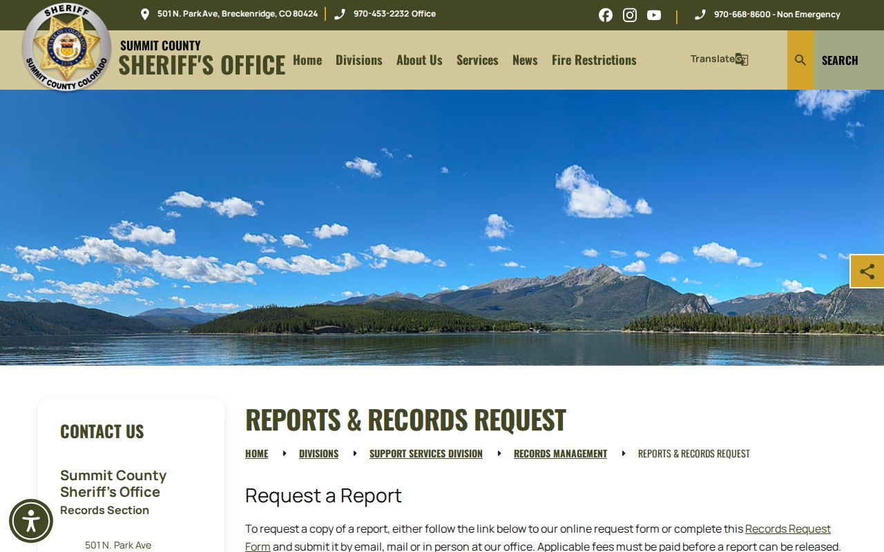Summit County release records request page for booking and release records