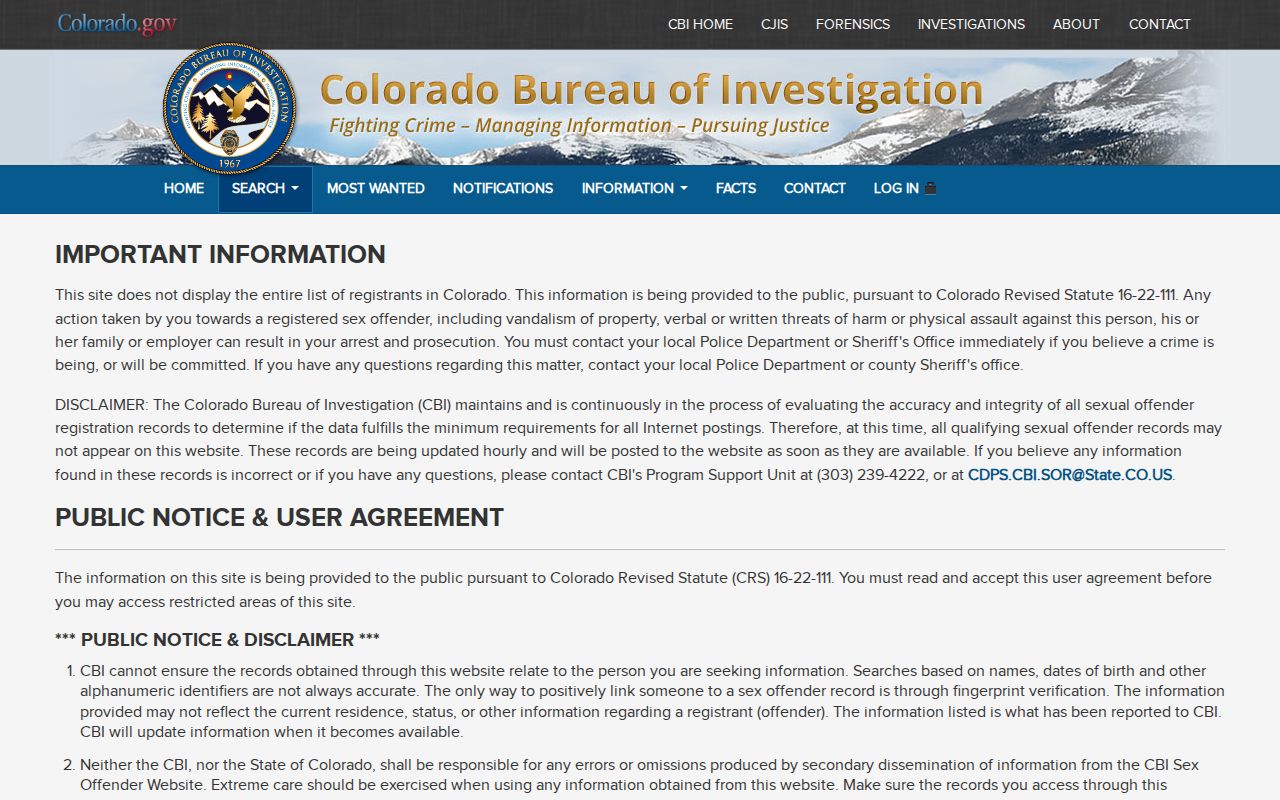 Colorado CBI sex offender registry agreement for Summit County registrant searches