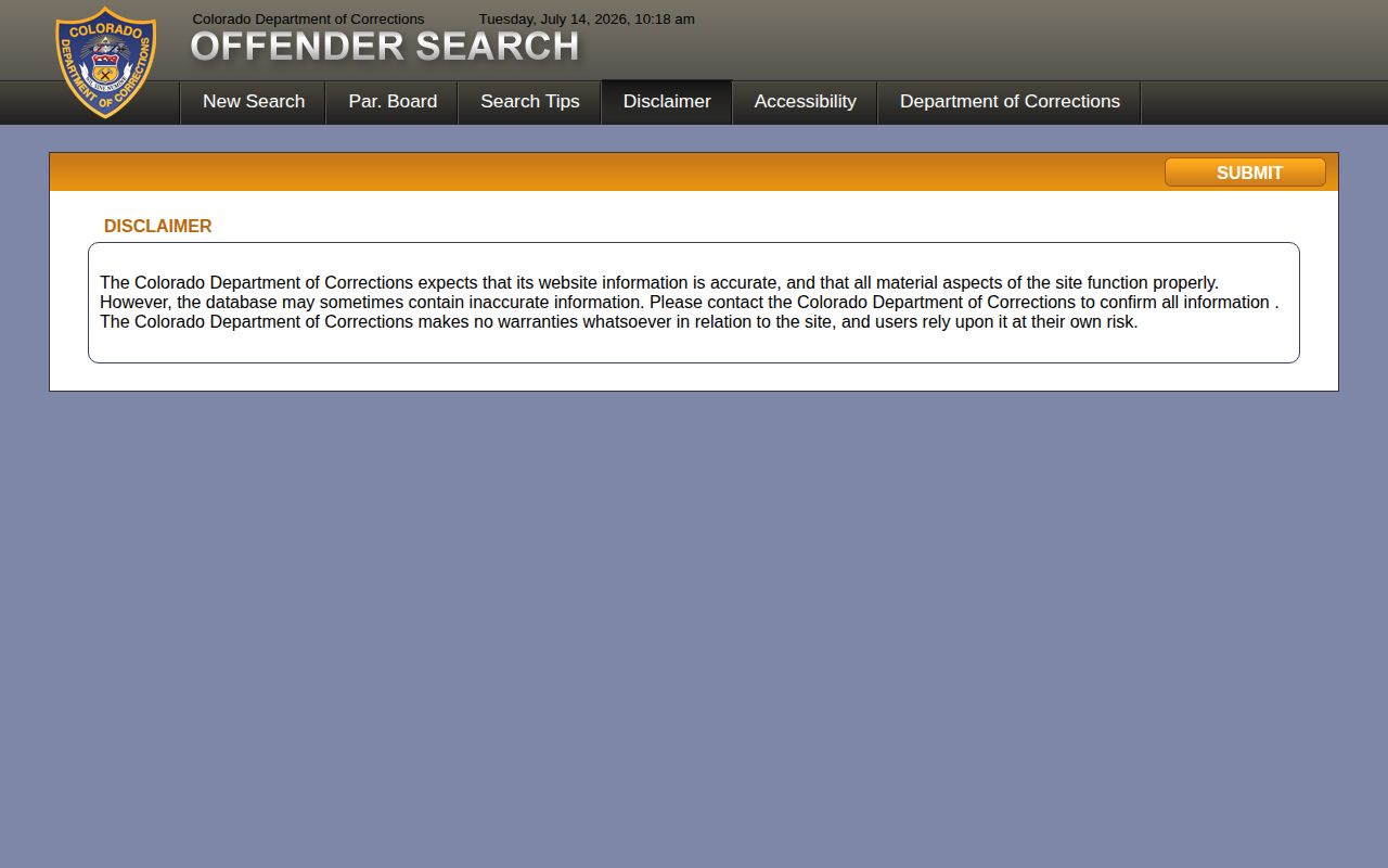 Summit County release date lookup CDOC public search disclaimer