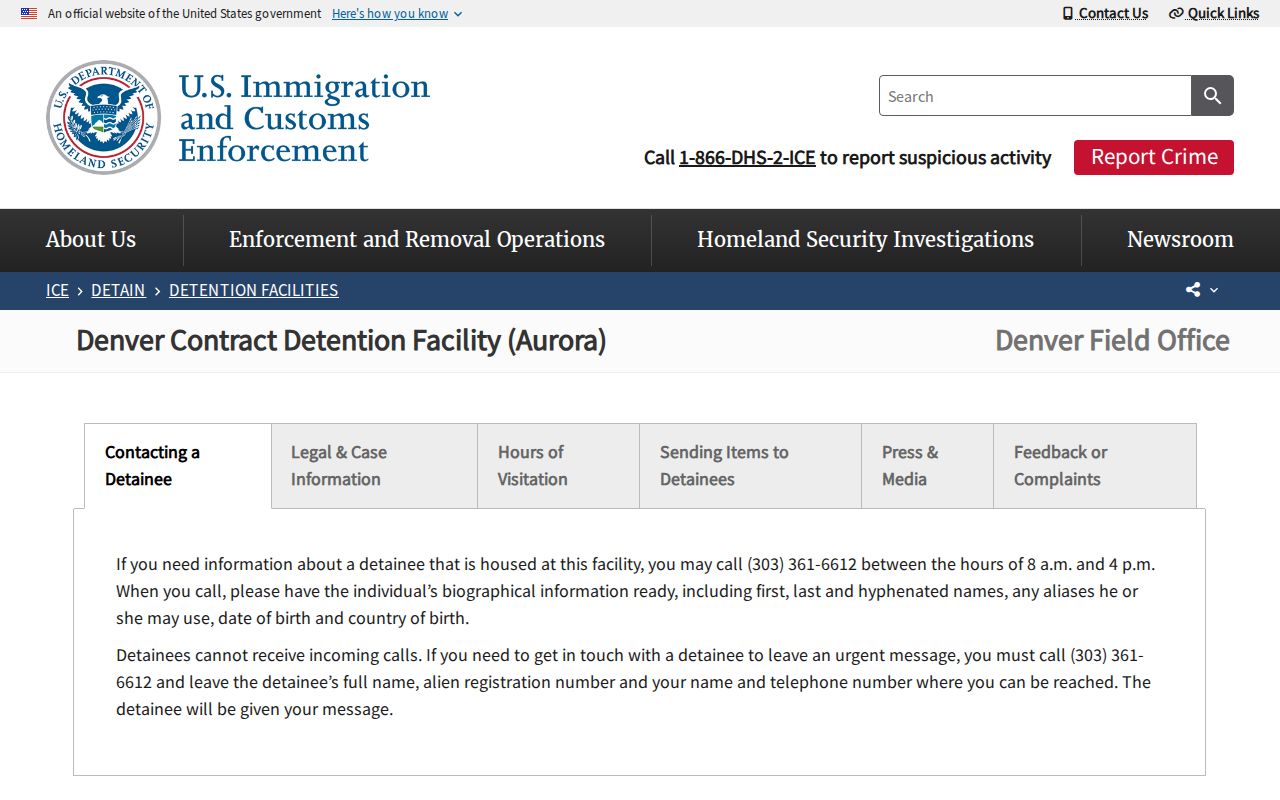ICE Denver Contract Detention Facility contact page for Summit County transfer checks