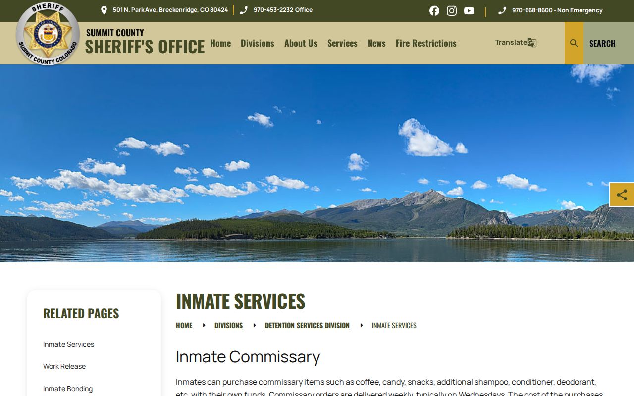 Summit County Detention Facility inmate services and release property information
